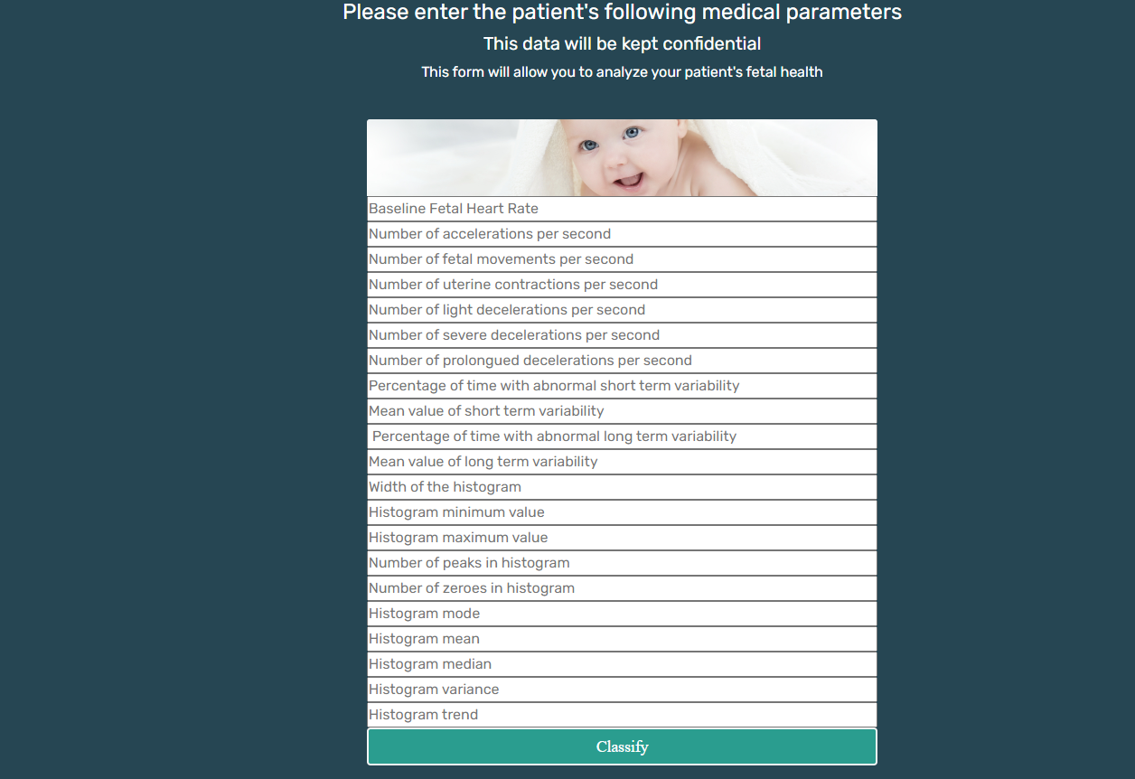 the image displays a screen with a form for inputing medical parameters
